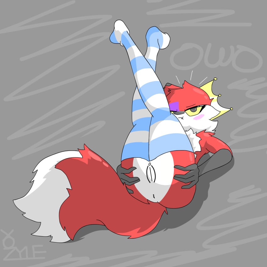 blue_legwear blush chessy_(zylenox) crown edit fox genderswap genderswap_(mtf) geometry_dash hands_on_ass hmph laying_on_back legs_up owo presenting_hindquarters presenting_pussy pussy red_fur rule_63 simple_background striped_legwear tagme thigh_highs thighhighs yellow_eyes zylenox