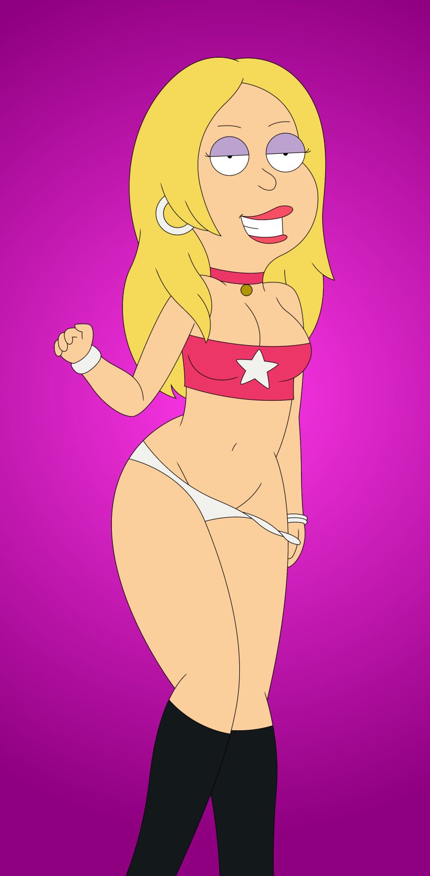 1girls american_dad bare_shoulders belly black_boots black_eyes blonde_hair cleavage collar female_only francine_smith leaning long_hair looking_at_viewer no_bra rock_and_roll_sherpa_(francine_smith) shirt standing tjlive5 white_bikini_bottom