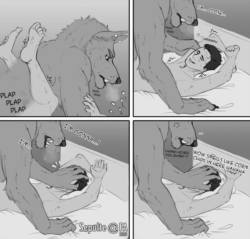 2020 5_fingers annoyed anthro anthro_penetrating anthro_penetrating_human bed biped black_and_white bodily_fluids canid canine canis closed_eyes comic dialogue drooling duo ear_piercing ear_ring english_text face_grab feet fingers furniture grabbing_sheets hi_res human human_on_anthro human_penetrated humor interspecies looking_at_another looking_at_partner lying male male/male male_penetrated male_penetrating male_penetrating_male mammal missionary_position monochrome on_back penetration piercing saliva sepulte sex shaking signature snarling sweat text toes wolf