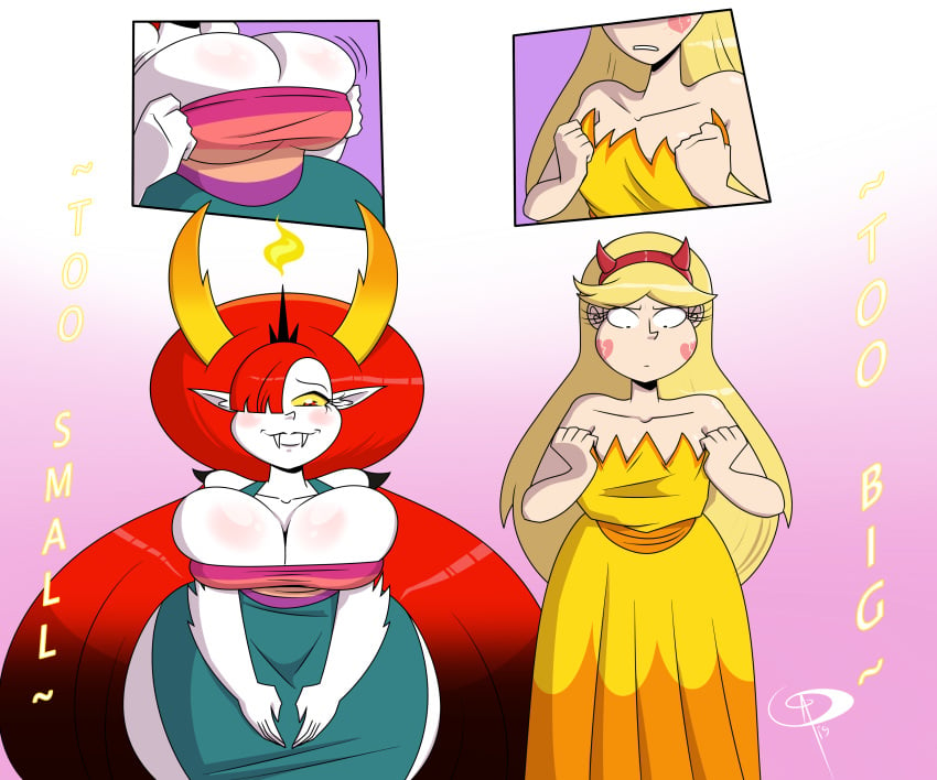 2girls breast_envy clothing_swap disney embarrassed fangs frostbiteboi hekapoo hekapoo_(cosplay) huge_breasts humiliation multiple_girls size_comparison small_breast_humiliation small_breasts star_butterfly star_butterfly_(cosplay) star_vs_the_forces_of_evil straight_hair thick_thighs