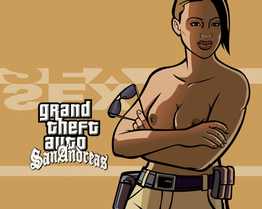 arms_crossed barbara_schternvart belt brown_eyes brown_hair cleavage collarbone crossed_arms eyewear_removed grand_theft_auto grand_theft_auto:_san_andreas gtauto-x gun_holster jeans logo looking_at_viewer no_bra photoshop policewoman shirt_removed small_breasts standing sunglasses sunglasses_removed text topless