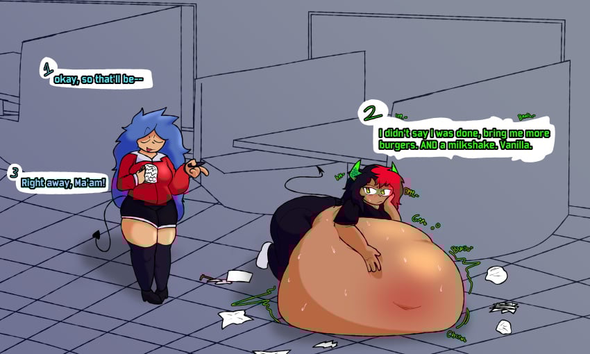 2girls annoyed belly_bed big_belly black_and_red_hair blue_hair cassandra_(psicrimes) fat fat_fetish female green_eyes gurgling hand_on_stomach immobile onomatopoeia psicrimes_(artist) simple_background trash two_tone_hair weight_gain