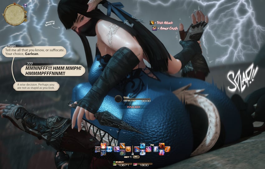 1boy 1girls 3d au_ra black_hair bodysuit dialogue dialogue_bubble facesitting female final_fantasy final_fantasy_xiv gameplay_mechanics gpose(ffxiv) horns hud interrogation kunoichi male motion_blur motion_lines ninja raen raining secretly_loves_it sinilyra sitting_on_person smothering tail twintails video_game yugiri_mistwalker