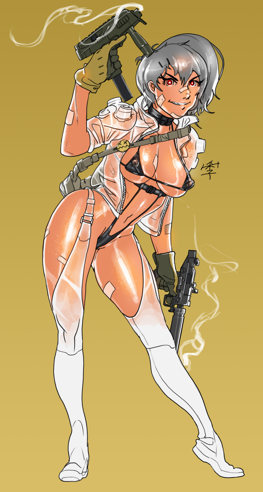 band-aid black_bikini black_bra black_panties black_underwear firearm gray_hair grey_hair gun guns nipple_bulge nipples_visible_through_clothing red_eyes smg smoking_barrel transparent_clothing yeong_gyun_lee