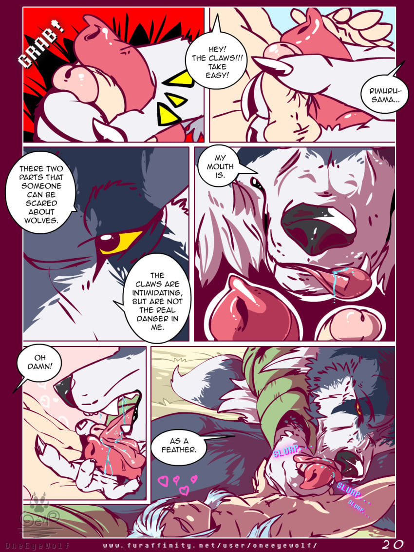 animal_genitalia animal_penis anthro ass big_dom_small_sub canid canine canine_penis canis colored comic english_text erection flirting genitals hi_res hug human human_on_anthro interspecies licking love male male/male mammal manga muscular nude oneeyewolf_(artist) oral penis ranga_(that_time_i_got_reincarnated_as_a_slime) rimuru_tempest romantic_ambiance sheath size_difference small_dom_big_sub tempest_wolf tensei_shitara_slime_datta_ken text tongue tongue_out url webcomic wolf