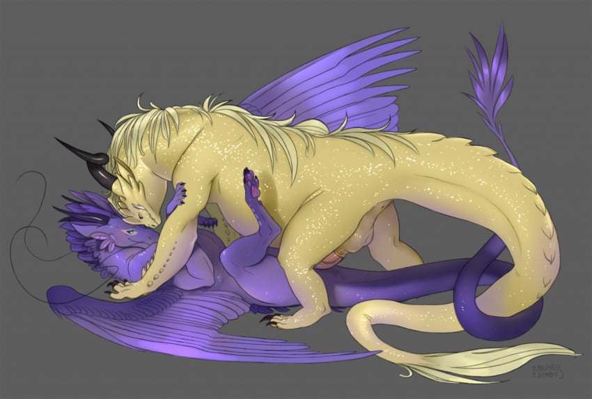 2020 belly claws dragon duo erection feathered_wings feathers female feral genitals gold_scales hair horn lying madness_demon male missionary_position nelka on_back penis purple_body purple_skin scales sex simple_background straight tail_tuft tuft whiskers wings