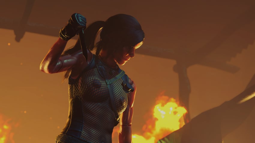 1girls 3d faith103 female fire game_screenshot knife lara_croft mod ponytail see-through see-through_shirt solo tomb_raider upper_body