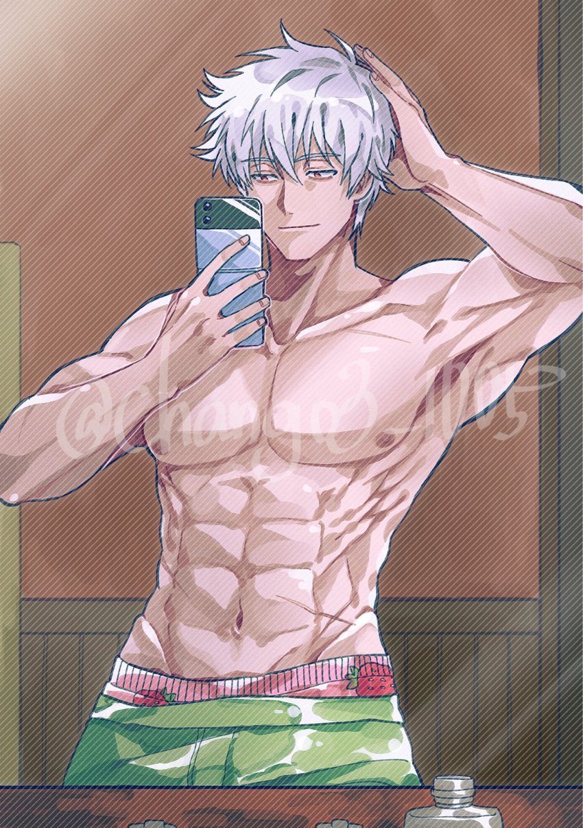 1boy abs arm_up boxers chango3_1005 gintama gintoki_sakata light-skinned_male light_skin male male_only mirror mirror_selfie muscular muscular_male pecs phone selfie silver_hair smartphone smile solo strawberry_print thirst_trap topless topless_male white_hair