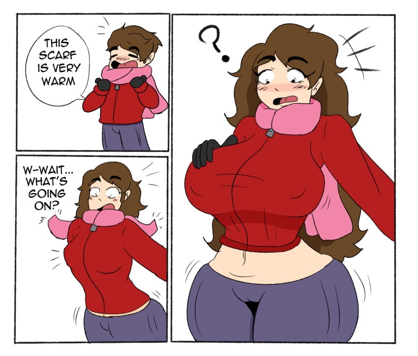 1boy comic female huge_breasts kamsyumi male scarf transformation