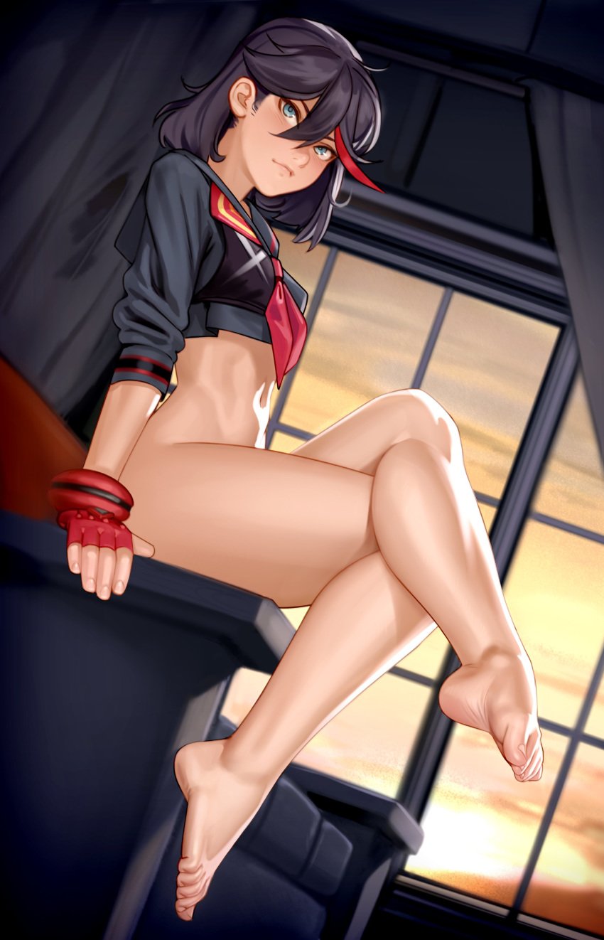 1girls absurdres backlit barefoot bedroom_eyes belly black_hair bottomless casual crossed_legs dangling_legs exposed_pussy feet female female_only fingerless_gloves fit_female hair_between_eyes halter_top handwear highres human kairuhentai kairunoburogu kill_la_kill legs legs_crossed light_blue_eyes looking_at_viewer matoi_ryuuko midriff multicolored_hair navel pale_skin school_uniform senketsu sitting sitting_on_chair soles solo streaked_hair studio_trigger sunset tasteful_nudity thick_thighs toes tomboy tummy