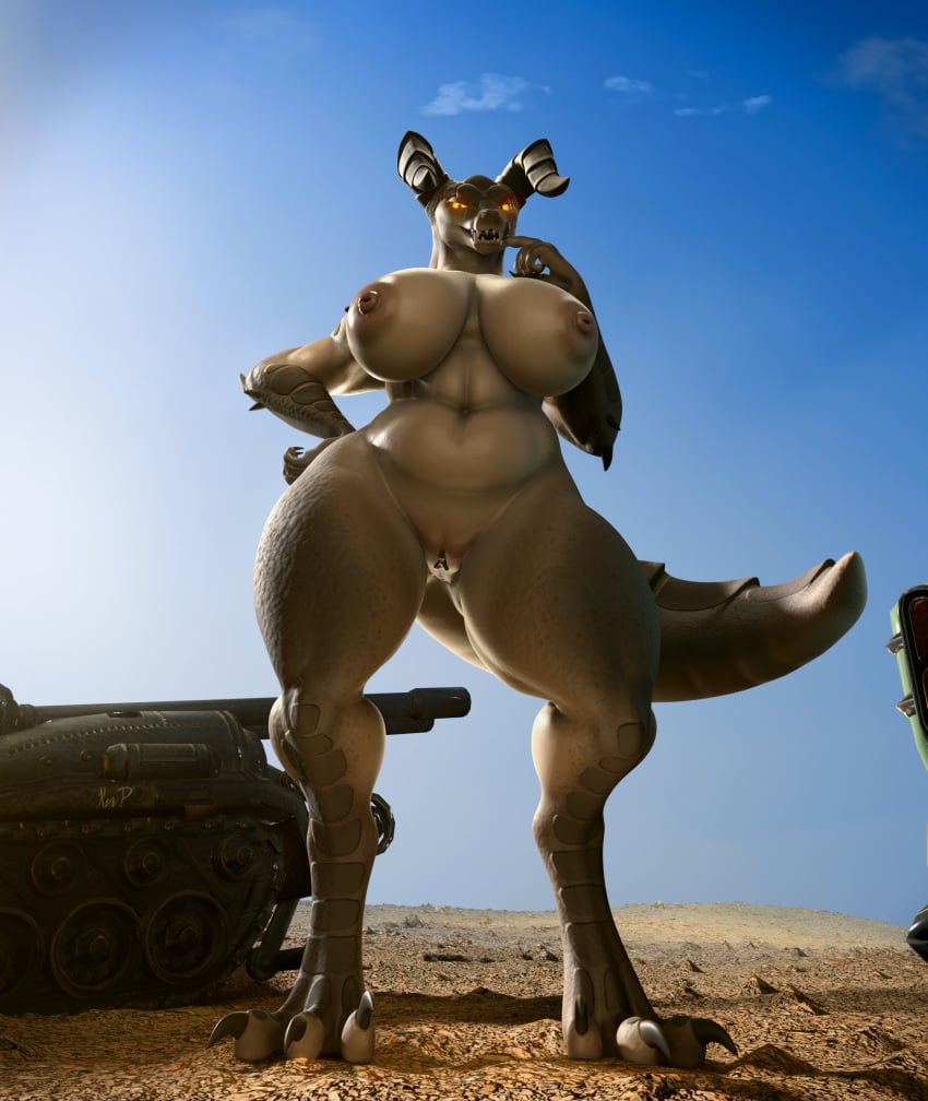 3d absurd_res amber_eyes anthro areola ass big_areola big_breasts big_nipples biting_nail blender_(artwork) blender_eevee breasts brown_areola brown_body brown_markings brown_nipples claws curved_claws curved_horn curvy_figure deathclaw digital_media_(artwork) eyelashes fallout female female_focus genitals hand_in_mouth hi_res horn kvnpoulsen low-angle_view markings microsoft mommyclaw_(vulgarvictor) nipples pussy scalie tank_(disambiguation)
