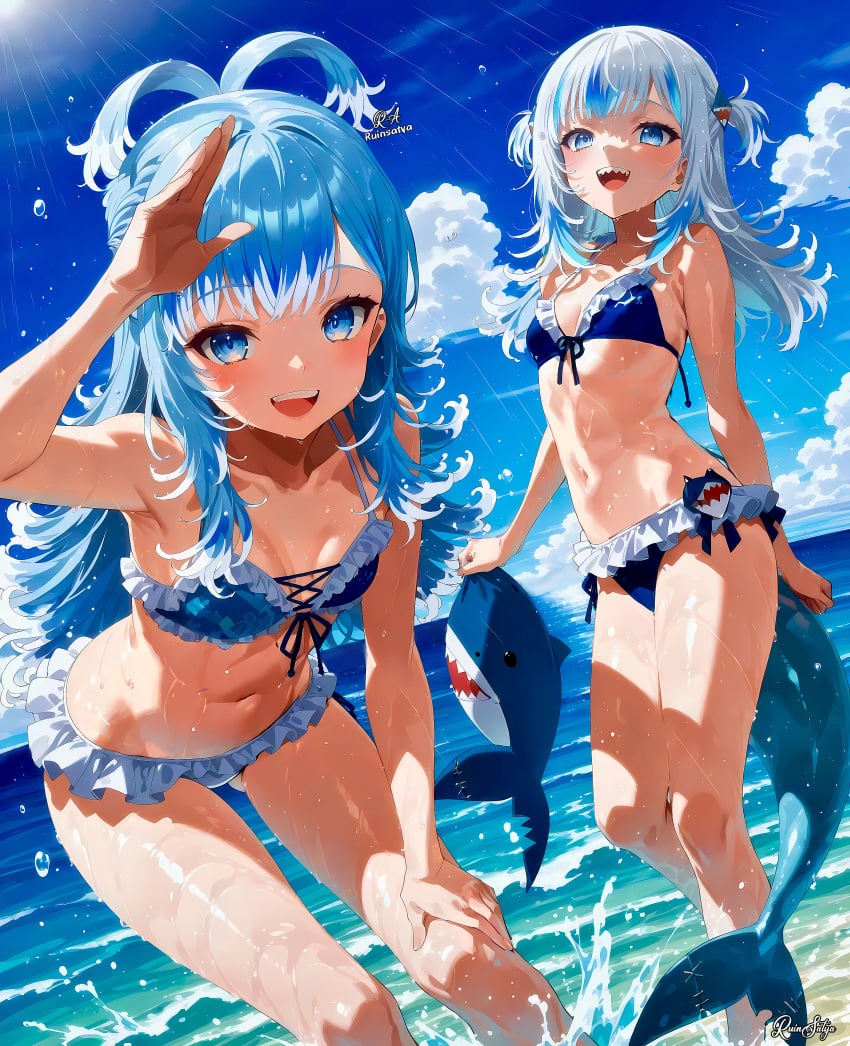 2girls beach bikini blue_eyes blue_hair blue_sky bra breasts edit female gawr_gura happy hololive hololive_english hololive_indonesia hololive_indonesia_holoh3ro hololive_myth kobo_kanaeru multicolored_hair multiple_girls ocean open_mouth panties photo photoshop playful ruinsatya sfw shark shark_tail shark_teeth sharp_teeth sky small_breasts smile splashing stomach tail thighs virtual_youtuber vtuber water watermark white_hair