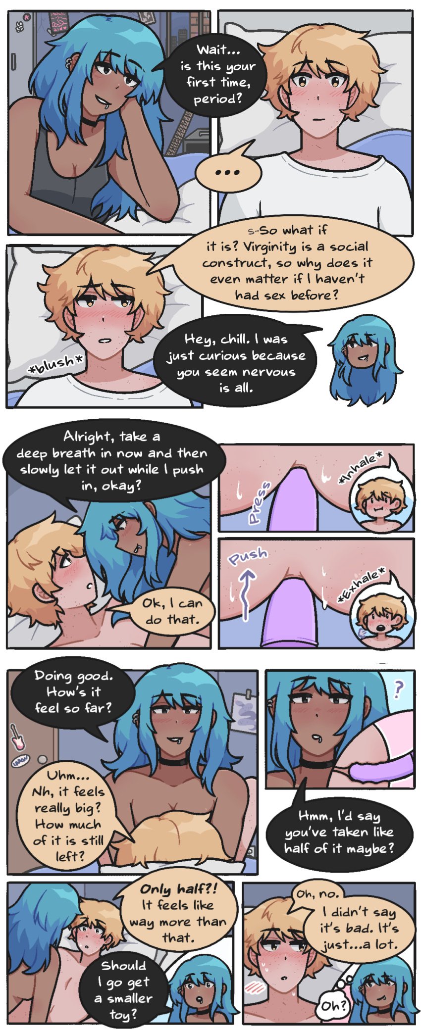 1boy anal anal_penetration anal_sex bed bedroom bedroom_sex before_anal before_sex blonde_hair blue_hair breathing choker colin_(welcome_to_heaven) ear_piercing face_to_face female first_time freckles freckles_on_face fully_clothed gentle_femdom indoors interracial light-skinned_male lip_piercing looking_away lying_on_back lying_on_bed male malesub naked nervous nonbinary pegging pretty_boy question_mark sae_(welcome_to_heaven) sex_toy slow_penetration smirk smug soft_drop straight strap-on strap-on_sex strapon submissive_male surprised surprised_expression sweat sweating virgin virginity_loss welcome_to_heaven white_shirt x-ray yellow_eyes