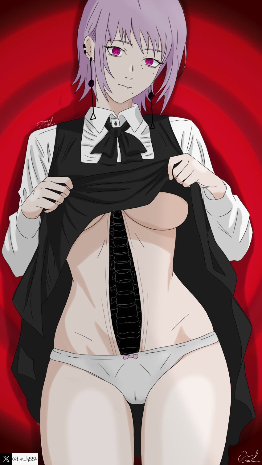 background breasts chainsaw_man death_devil devil devil_girl earrings emotionless exposed_bone female hollow_stomach_cavity lifting_skirt magenta_eyes magenta_hair no_nipples pale_skin panties ringed_eyes school_uniform schoolgirl signature spinal_cord spine spoilers tagme tim_heyderich twitter_username upskirt