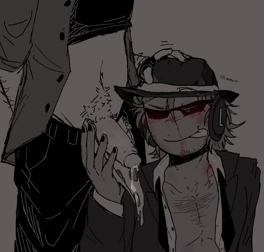 2boys blood blood_on_face blush chance_(forsaken) cum_leak cum_on_food cum_on_pizza duo elliot_(forsaken) elliot_(work_at_a_pizza_place) facewear fedora food forsaken_(roblox) framerfag gay glasses gray_background hand_on_head hat headphones headwear holding_food holding_pizza licking_lips male male_only pants_down pizza pubic_hair roblox roblox_game robloxian suit suit_and_tie tie tongue tongue_out