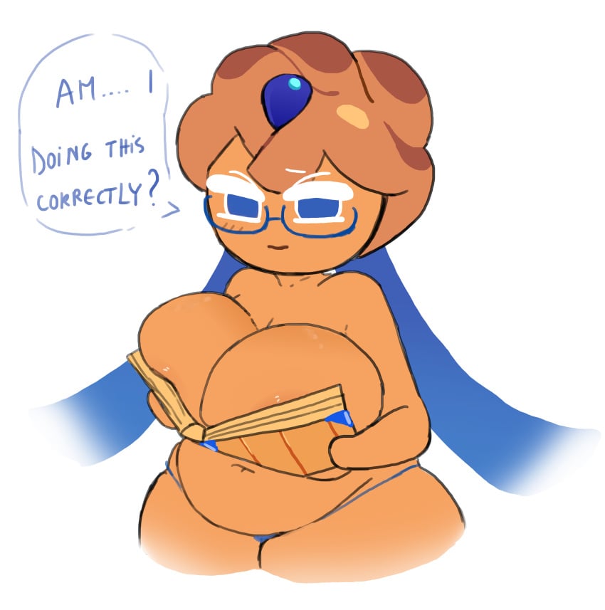 1girls big_breasts blueberry_pie_cookie book breasts cookie_run cookie_run_kingdom covering_breasts female female_only flustered glasses holding_book holding_object magpiered mature_female thong wholesome