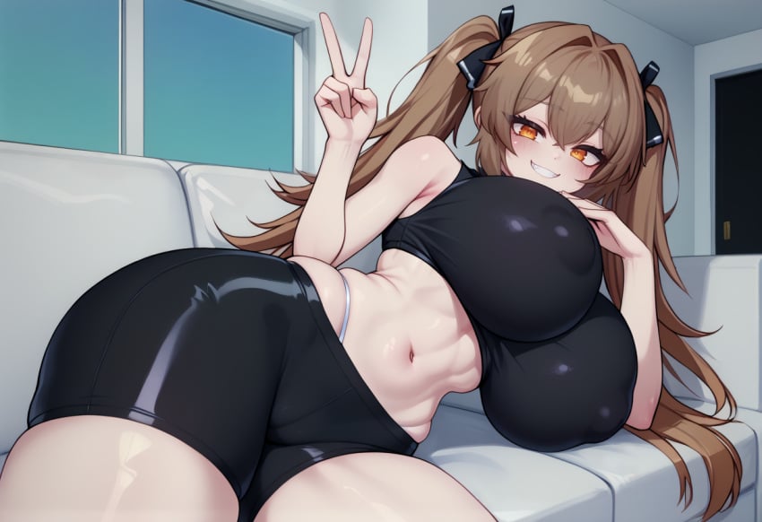 ai_generated alternate_breast_size bangs bare_shoulders bike_shorts black_shirt blush breasts brown_hair covered_nipples eonsang_(style) female girls&#039;_frontline grin hair_ribbon highleg_thong huge_breasts long_hair looking_at_viewer lying navel ribbon self_upload shirt shorts sleeveless sleeveless_shirt smile solo thighs thong tight_clothing tight_shirt twintails ump9_(girls&#039;_frontline) underwear v white_thong