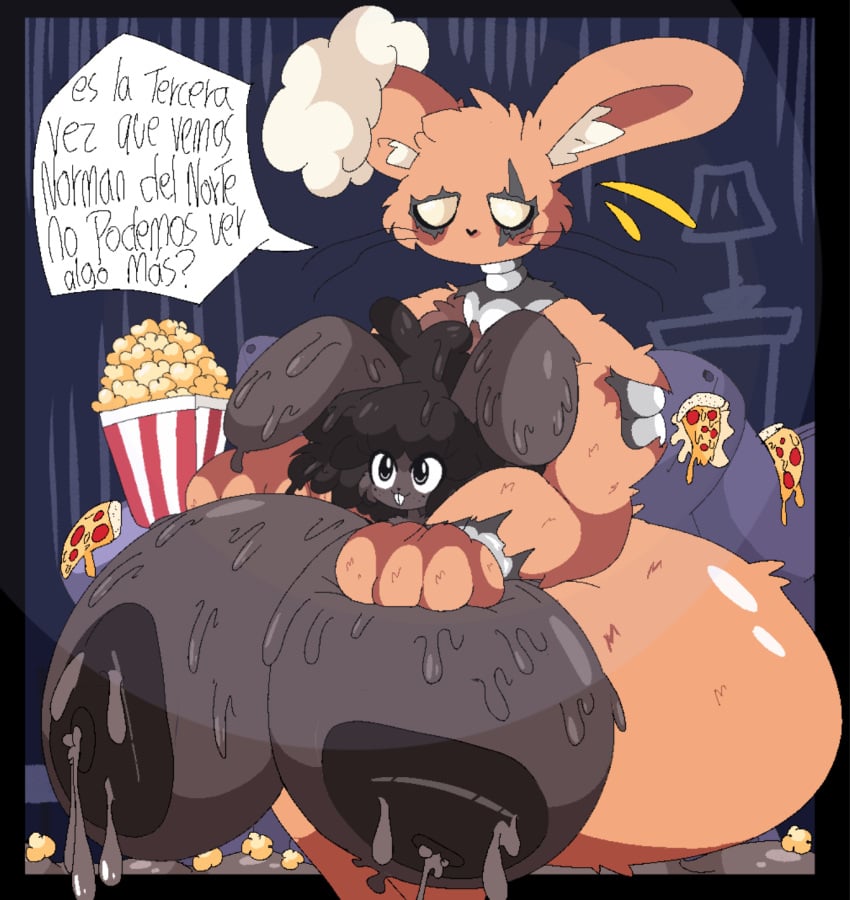 afro anthro ass big_breasts big_butt big_muscles bodily_fluids breasts buckteeth candy chocolate chocolate_bunny chocolate_milk dessert duo female flavored_milk food happy hi_res huge_breasts huge_butt huge_muscles hyper hyper_breasts hyper_butt lagomorph larger_male machine male male/female mammal milk muscular popcorn popcorn_bucket robot robotic_arm rogywantscoffee size_difference smaller_female spanish_text sweat sweatdrop teeth text thick_thighs tired_look wide_hips