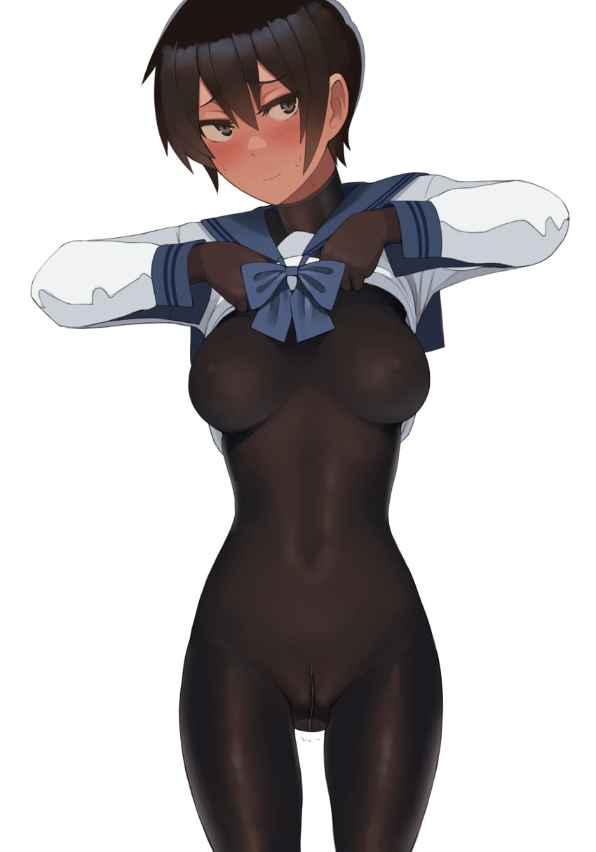 1girls 2d black_eyes black_hair blush blush_lines blushing boobs breasts clothed clothing female female_only hair hi_res highres human kuronami_(lvi) lvi medium_breasts oc original_character plain_background presenting presenting_breasts rubber_suit short_hair simple_background solo solo_female standing tomboy white_background