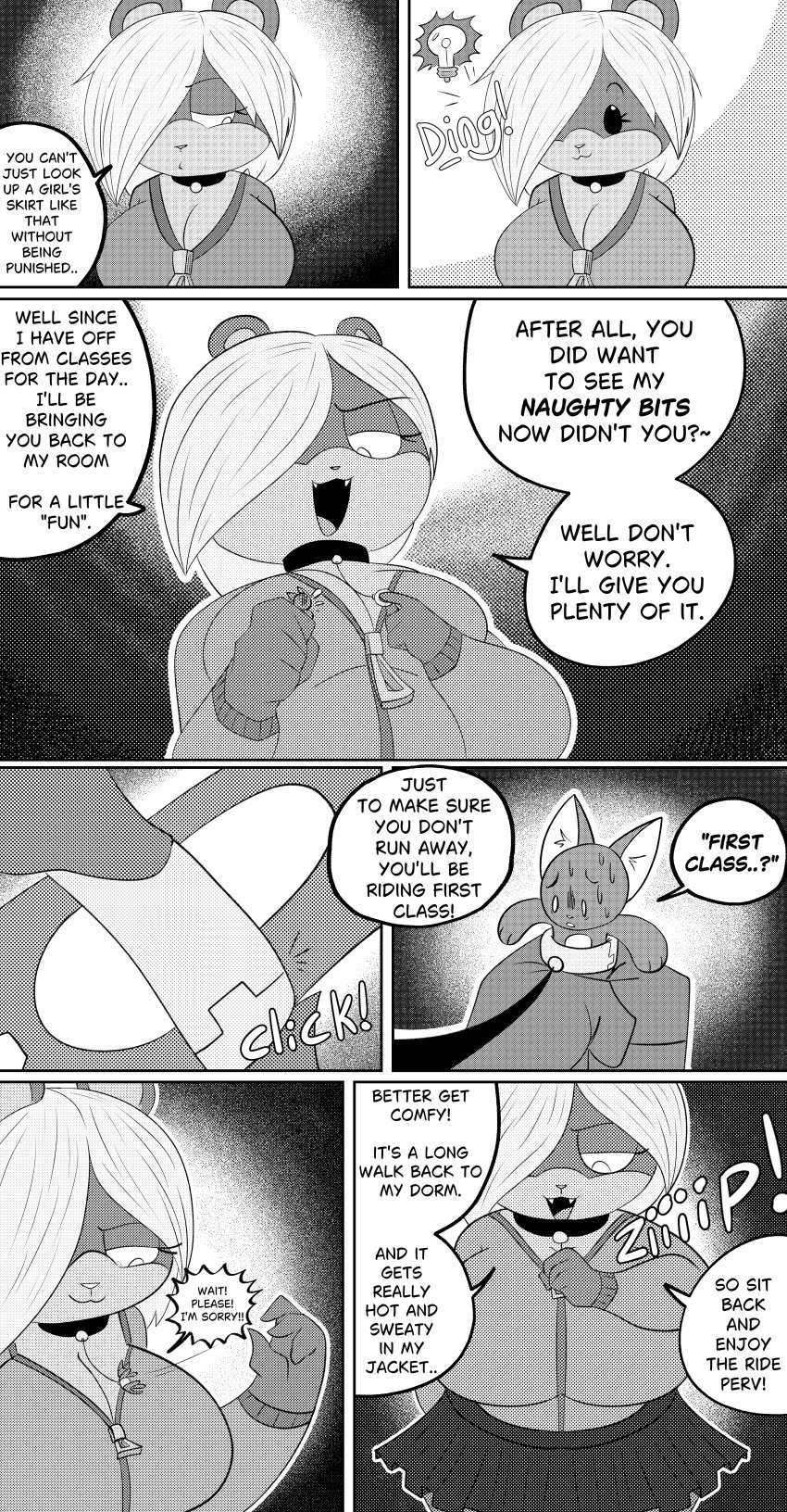 absurd_res anthro between_breasts big_breasts bottomwear breasts choker clothing comic dialogue domestic_cat duo entrapment felid feline felis female grabbing_micro greyscale hi_res huge_breasts idea idea_bulb jacket jewelry macro male male/female mammal mephitid micro micro_on_macro monochrome necklace noa_(stillelk62) penelope_(stillelk62) size_difference skirt skunk speech_bubble stillelk62 thick_thighs topwear unzipped_jacket