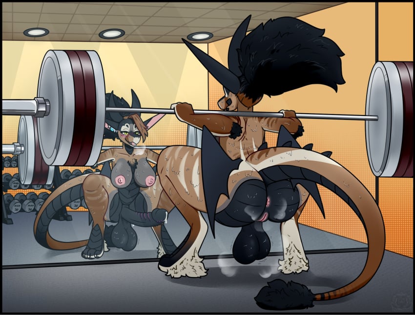anthro athletic bodily_fluids cum dragon emberdragon exercise fitness futanari genital_fluids gym herm hi_res intersex mythological_creature mythological_scalie mythology scalie solo sweat weightlifting workout