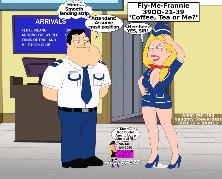 accurate_art_style american_dad big_breasts blonde_hair clothing cosplay cum curvy dripping dripping_pussy edit excited francine_smith gp375 high_heels innie_pussy miniskirt peeking_out peeping pinup ponytail rompguy rompguylove see-through small_waist smile smiling stan_smith stewardess voluptuous