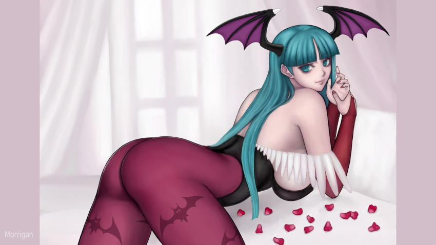 ark ass bat_wings breasts clothing darkstalkers demon_girl green_eyes green_hair head_wings looking_at_viewer morrigan_aensland pose sideboob small_breasts smile succubus wings