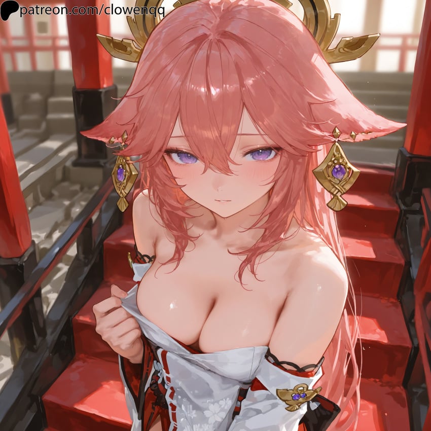1girls ai_generated bare_shoulders big_breasts blush breasts clothing clowenqq earrings female female_focus female_only fox_ears from_above genshin_impact hair_between_eyes hi_res long_hair looking_at_viewer pink_hair presenting_breasts purple_eyes solo solo_female solo_focus yae_miko