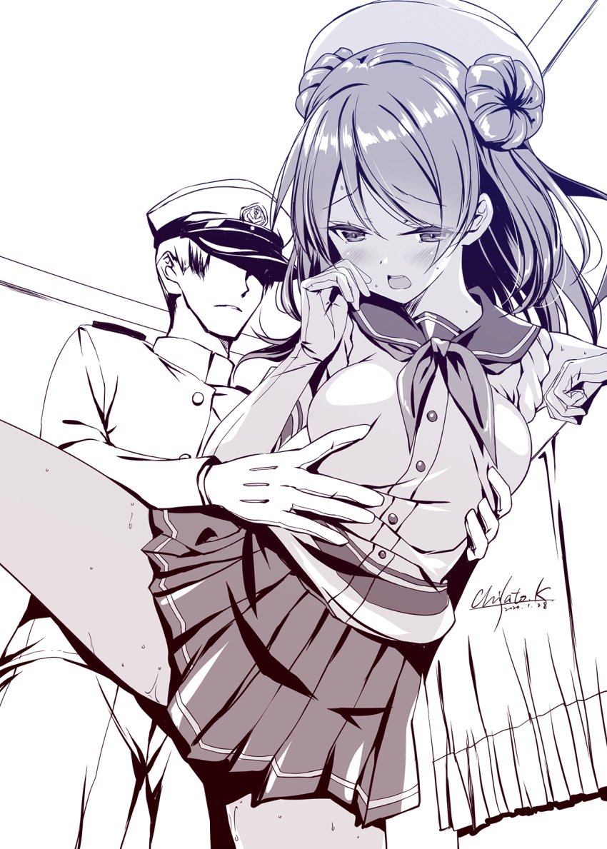 1boy admiral_(kantai_collection) artist_name blush buttons covered_penetration dated double_bun eyebrows_visible_through_hair female gloves hat highres implied_sex kantai_collection kobayashi_chisato long_hair long_sleeves military military_uniform monochrome neckerchief open_mouth pants peaked_cap pleated_skirt sailor_collar sailor_hat school_uniform serafuku short_hair signature skirt uniform urakaze_(kantai_collection)