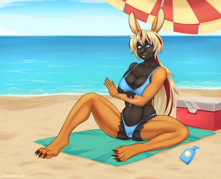 1girls 2021 anthro beach beach_towel beach_umbrella blue_swimsuit catchabird different_eye_color female female_only long_hair lotion lotion_bottle rabbit sea swimsuit transformation two_tone_fur two_tone_hair