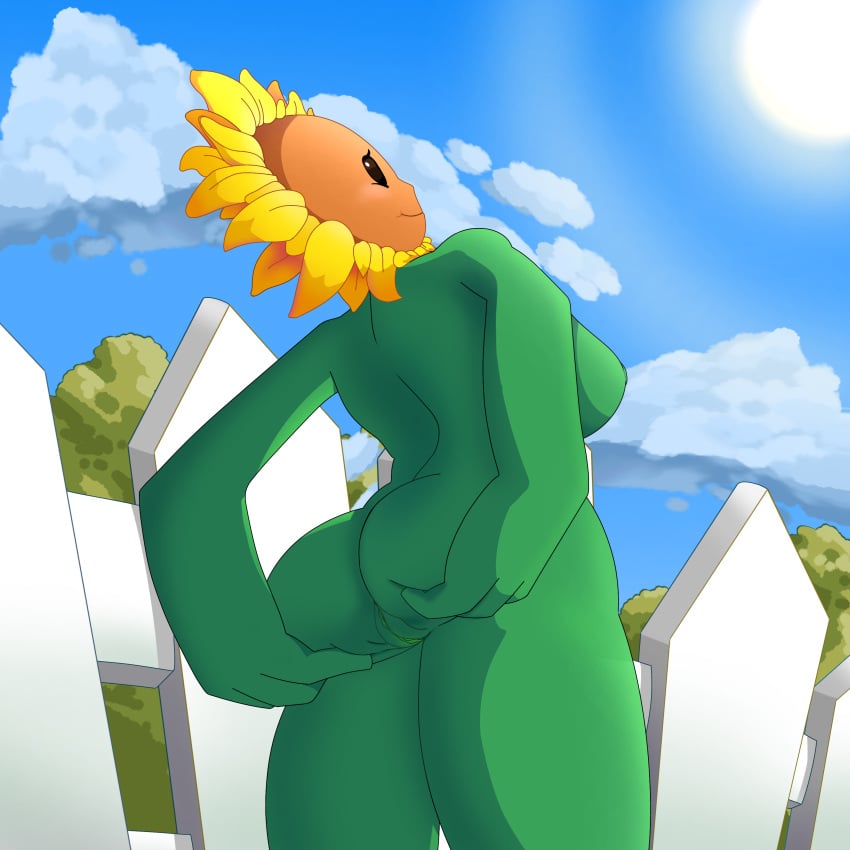 back_view digital_media_(artwork) female hourglass_figure plant plant_girl plantie plants_vs_zombies pussy pvz_hybrid sunflower sunflower_(pvz) tagme