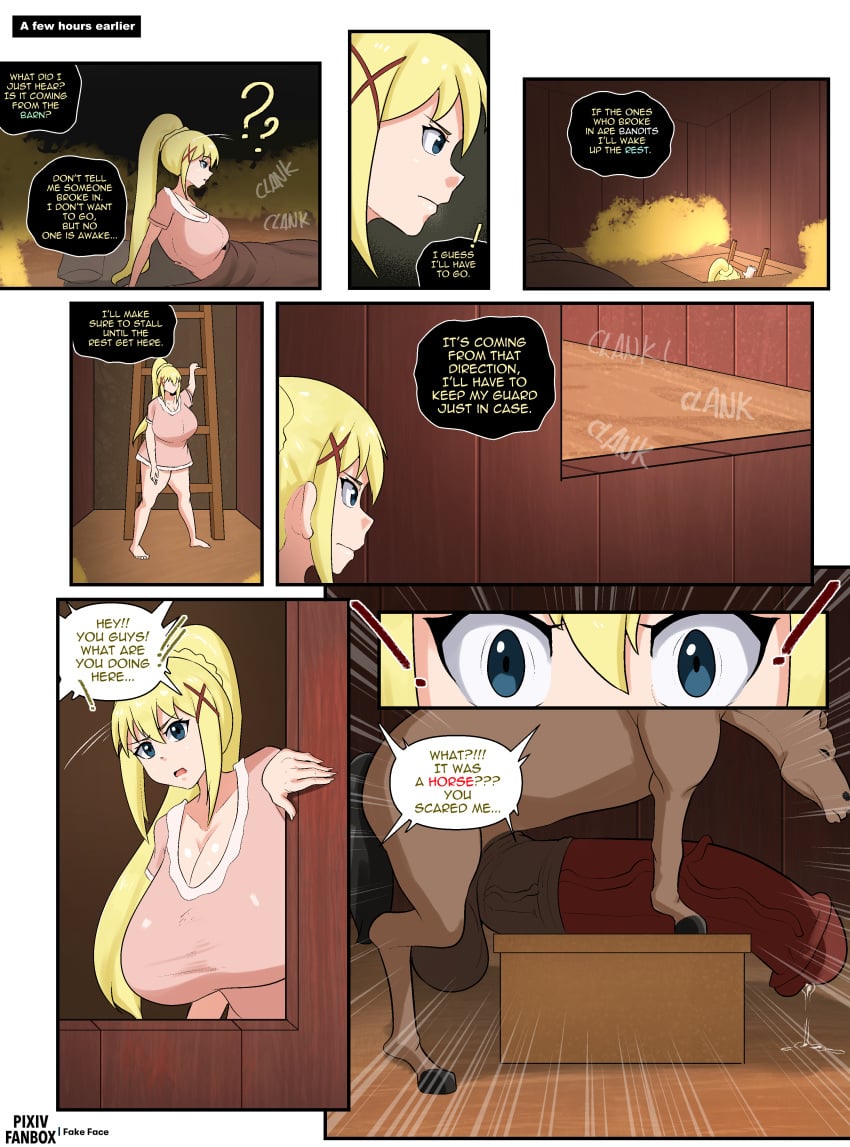 absurd_res animal_genitalia animal_penis big_penis blonde_hair brown_body brown_fur comic darkness_(konosuba) dialogue duo english_text equid equine equine_genitalia equine_penis fake_face female feral fur genitals hair hi_res horse huge_cock human hyper hyper_genitalia hyper_penis interspecies kono_subarashii_sekai_ni_shukufuku_wo! konosuba:_god&#039;s_blessing_on_this_wonderful_world! light_body light_skin mammal penis ponytail speech_bubble text vein veiny_penis zoophilia