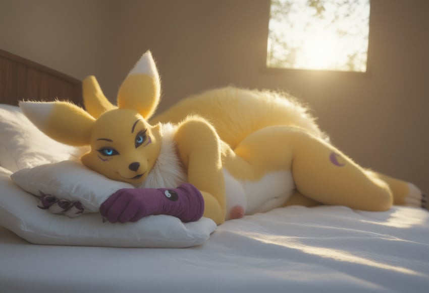 ai_generated anthro anthropomorphic beautiful bedroom big_breasts blue_eyes breasts cuddle cuddles digimon digimon_(species) female fox furry pose posing_nude renamon seductive seductive_look seductive_smile sexy sexy_body sexy_pose wet_pussy ying_yang_symbol