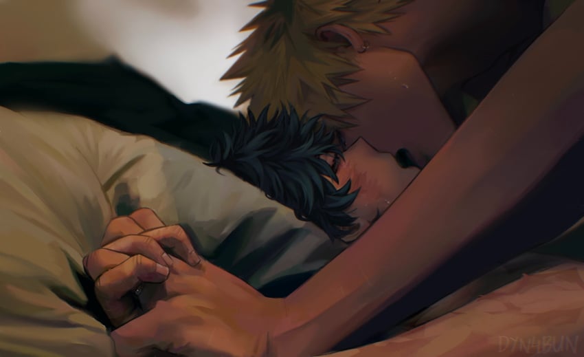 2boys adam&#039;s_apple bakudeku bakugou_katsuki blonde_hair boku_no_hero_academia closed_eyes commentary dyn4bun earrings eyelashes facial_scar fingers_interlocked from_side gay green_hair hashtag-only_commentary highres holding_hands implied_sex interlocked_fingers izuku_midoriya jewelry katsuki_bakugou kissing male male/male male_focus midoriya_izuku multiple_boys my_hero_academia open_mouth open_mouth_kiss piercing pillow realistic scar scar_on_cheek scar_on_face short_hair sweat twitter_username upper_body yaoi