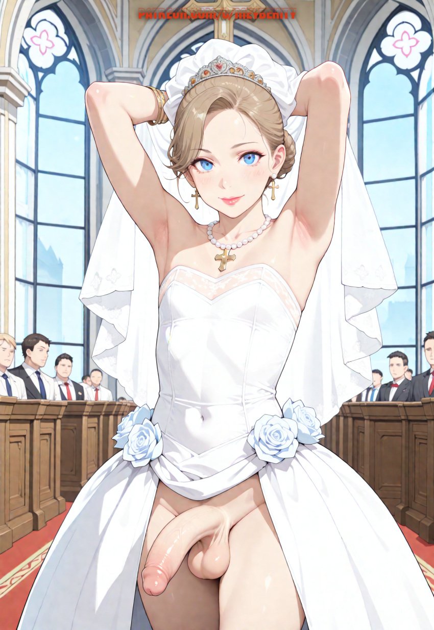 1boy ai_generated balls blonde_hair blush bride cross_earrings cross_necklace femboy light-skinned_femboy looking_at_viewer male male_only meybekity otoko_no_ko penis smiling_at_viewer trap wedding_dress yaoi