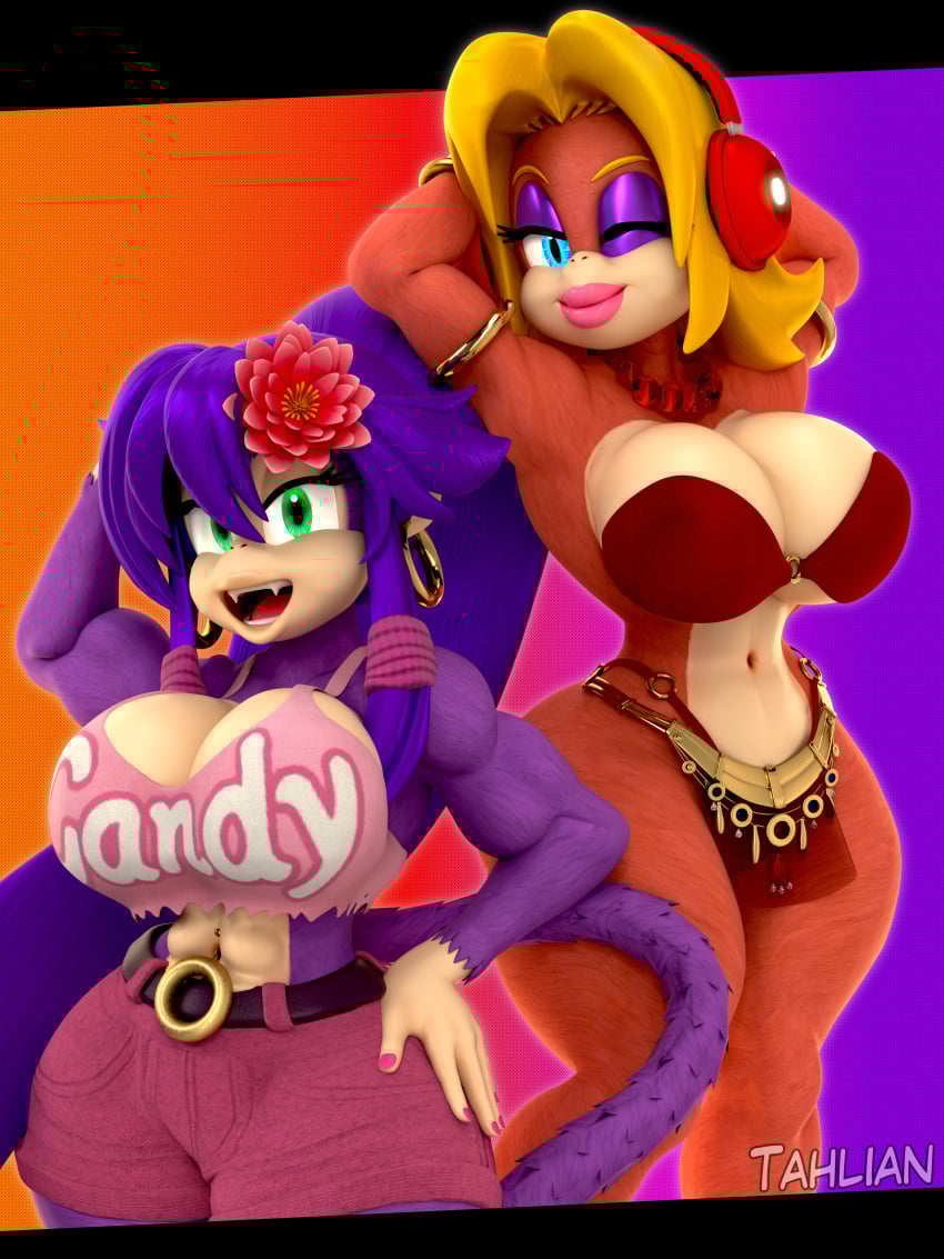 2girls anthro big_breasts blonde_hair breasts busty candy_kong clothing donkey_kong_(series) female female_only huge_breasts kiki_(tahlian) large_breasts looking_at_viewer original outfit_swap primate purple_fur purple_hair tahlian text_on_clothing thick_thighs wide_hips