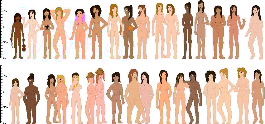 athletic athletic_female aureola basketball_(ball) big_breasts black_hair blonde_hair blue_eyes breast_size_difference brown_eyes brown_hair brown_skin camera chubby_female cowboy_hat curly_hair flat_chest green_eyes height_chart height_difference medium_breasts multiple_girls nudity original_characters pink_hair pixel_art ponytail posing red_hair shaved_pussy sisters skinny small_breasts straight_hair teenage_girl violin white_skin wide_hips