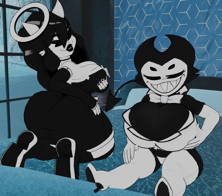 alice_angel angel_(cally3d) bendy bendy_and_the_dark_revival bendy_and_the_ink_machine bendy_fem bendy_the_dancing_demon boob_focus boob_window breast_expansion breast_squish butt_expansion butt_focus cally3d cally3d_models cryptiacurves darling_(cally3d) exaggerated_anatomy expansion facing_away facing_viewer grinning grinning_at_viewer sitting sitting_on_bed smiling_at_viewer