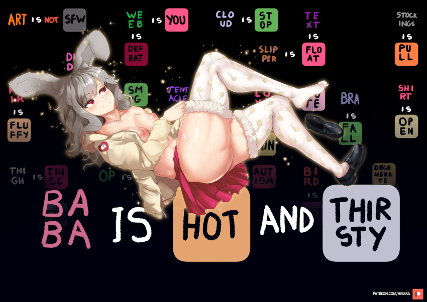 areolae ass baba_is_you breasts bunny_ears bunny_girl gray_hair hessra kemonomimi open_clothes pink_eyes skindentation skirt smug stockings thighhighs thighs