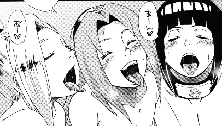 3girls black_and_white doujinshi hyuuga_hinata ino_yamanaka karakishi_youhei-dan monochrome naruto sakura_haruno sunahara_wataru tagme throat tongue tongue_out