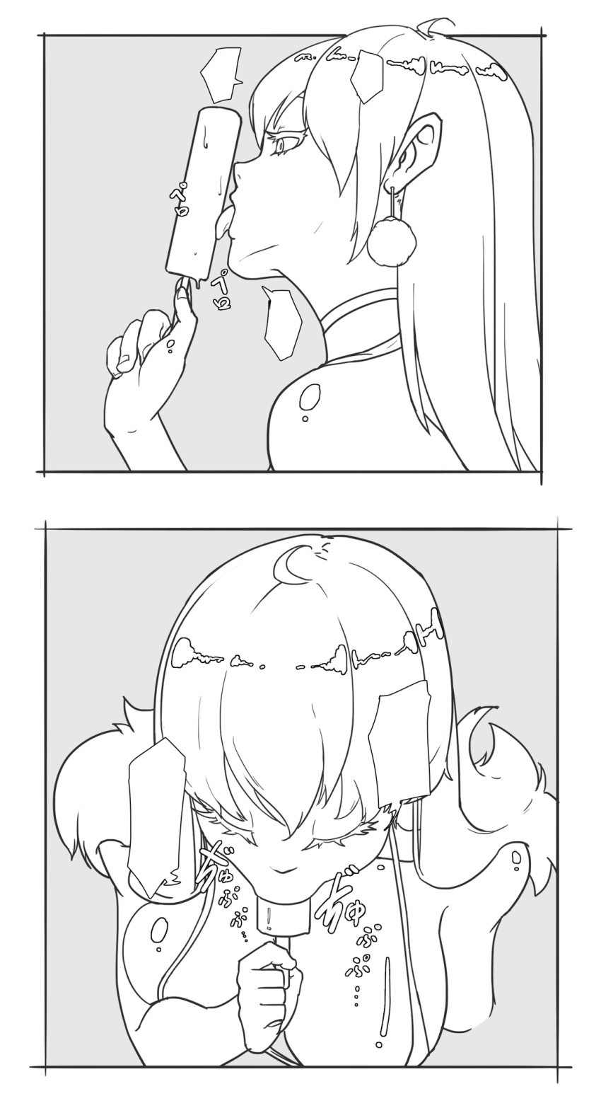 1girls 2koma closed_eyes female female_only food huge_breasts licking_popsicle mirolive monochrome popsicle solo suggestive tabasuko_(virtual_youtuber) thesmallmimi123_(kamitsuki) virtual_youtuber