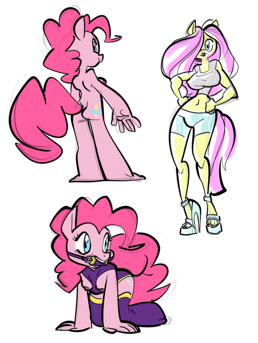 anthro ass big_breasts bondage bound breasts cutie_mark digital_media_(artwork) earth_pony equid equine female fluttershy_(mlp) friendship_is_magic gag gagged genitals hair hi_res horse invalid_tag mammal my_little_pony nipples nude oddjuice pinkie_pie_(mlp) pony rubber straight_hair