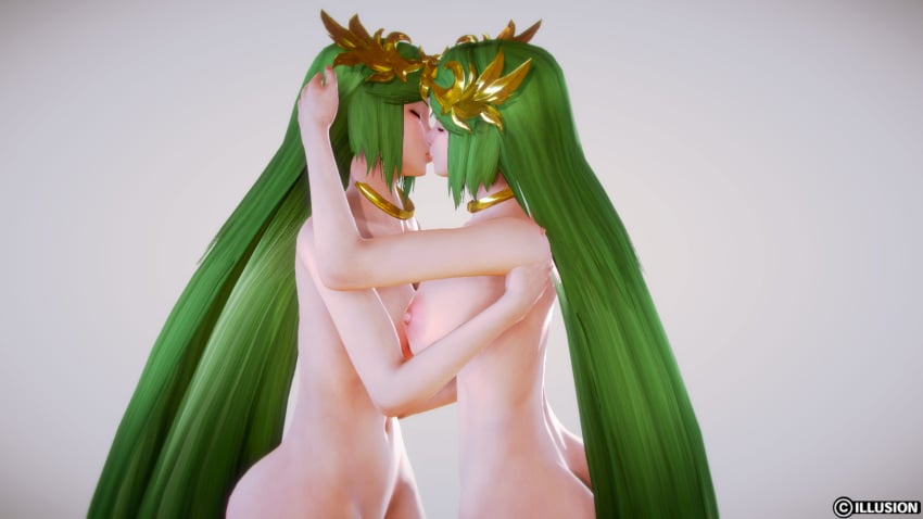 2girls 3d billyjenkins123 clone clones green_eyes green_hair honey_select kid_icarus kissing nintendo palutena selfcest twincest yuri