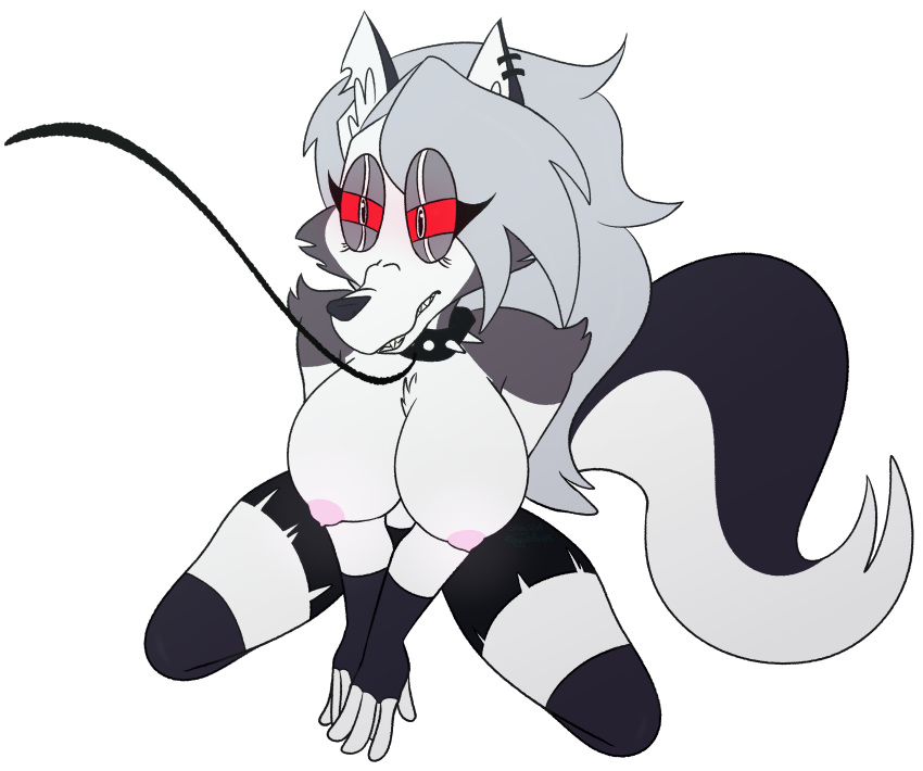 1girls anthro big_breasts breasts canine cleavage earrings female furry grey_hair helluva_boss leash lidded_eyes loona_(helluva_boss) nipples red_sclera solo spiked_collar topless vivienne_medrano white_eyes zeggiepaws