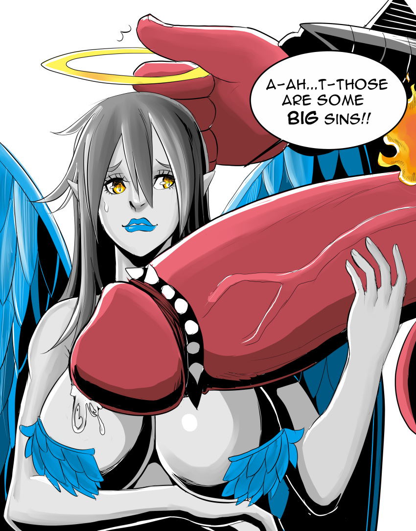 angel angel_wings big_breasts big_penis bimbo blue_eyes blue_feathers blue_lips blue_lipstick blue_nails breast_rest cerberuspink cock_ring cynthia_celebrian demon demon_ears demon_girl devil dialogue eyelashes feathers female femsub full_cleavage grey_skin halo hand_on_penis huge_cock huge_penis hyper_penis imminent_oral impossible_fit it'll_never_fit larger_male looking_at_penis maledom nervous nose penis penis_awe penis_grab pointy_ears precum red_skin short_ears size_difference speech_bubble spiked_cock_ring succubus sweatdrop thick_penis underboob vein wide_penis worried yellow_eyes