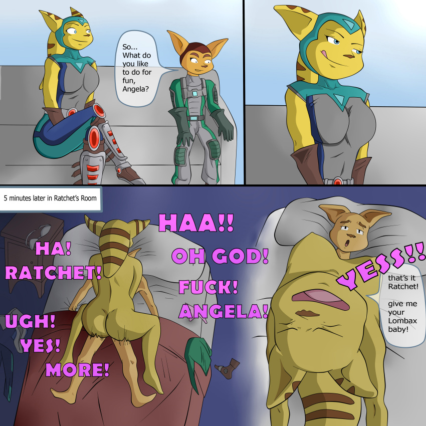 4koma alien angela_cross anthro anthro_on_anthro bed bedroom bedroom_eyes blue_eyes bra breasts cat_ears comic couch couple cowgirl_position dialogue discarded_clothing duo duo_focus english_text feline female flight_suit furry gloves happy happy_sex impregnation_request incog123 instant_loss_2koma jumpsuit large_breasts larger_female lombax loud_sex male nude nude_female nude_male panties ratchet_(ratchet_and_clank) ratchet_and_clank riding sex size_difference smaller_male sound_effects straight straight_sex stripes text vaginal vaginal_penetration yellow_body yellow_fur