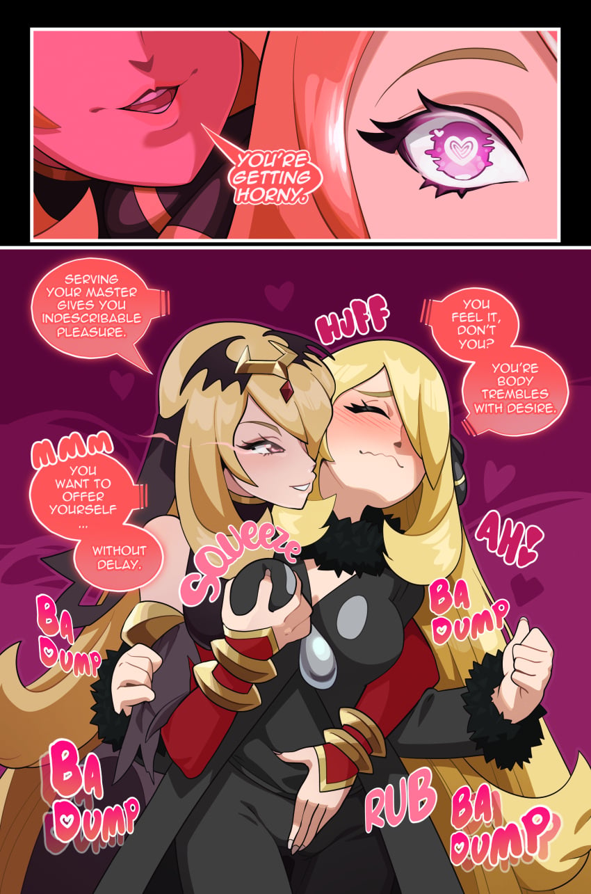 2girls black_lipstick blonde_hair blush blushing breasts closed_eyes colored comic corruption cynthia_(pokemon) dark_persona dress english_text gamefreak giving_in_to_pleasure groping hair_ornament hair_over_one_eye heart-shaped_pupils large_breasts legendsnjk lipstick long_hair mind_control nintendo pink_eyes pokemon pokemon_champion pokemon_dppt pokemon_masters rubbing_pussy rubbing_pussy_through_clothing selfcest sygna_suit_cynthia_(renegade) tagme teasing text text_bubble tiara yuri