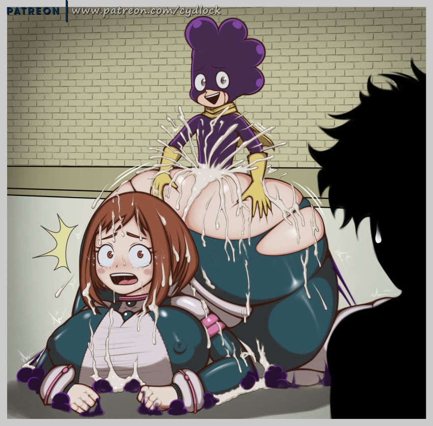 1girls 2boys ass ass_focus big_ass big_breasts big_butt breasts bubble_ass bubble_butt busty butt butt_focus caught caught_in_the_act cum_on_ass cum_on_body cydlock dat_ass doggy_style hero_outfit_(mha) huge_ass huge_breasts izuku_midoriya large_ass minoru_mineta my_hero_academia ntr ochako_uraraka open_mouth size_difference teenager thick_ass watching