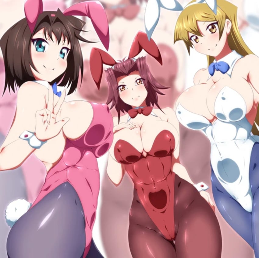 3girls akiza_izinski alexis_rhodes big_breasts blonde_hair blue_eyes brown_eyes brown_hair bunny_ears bunny_girl bunny_tail bunnysuit clothing danpu female female_only hand_on_breast izayoi_aki konami multiple_girls nipples nipples_visible_through_clothing pantyhose peace_sign red_hair short_hair tea_gardner yu-gi-oh! yu-gi-oh!_5d's yu-gi-oh!_gx yuu-gi-ou_duel_monsters