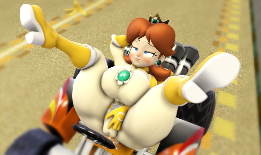 1girls 3d belt big_breasts blue_eyes blush bodysuit boots breasts brooch cameltoe crown earrings female female_only flower_earrings ginger_hair gloves half-closed_eyes hand_behind_head handkerchief huge_breasts large_breasts legs_up light_skin lips mario_(series) mario_kart masturbation nintendo png princess_daisy pussy pussy_juice shoulder_length_hair smile solo sweat thick thick_thighs thighs thordersfm wide_hips